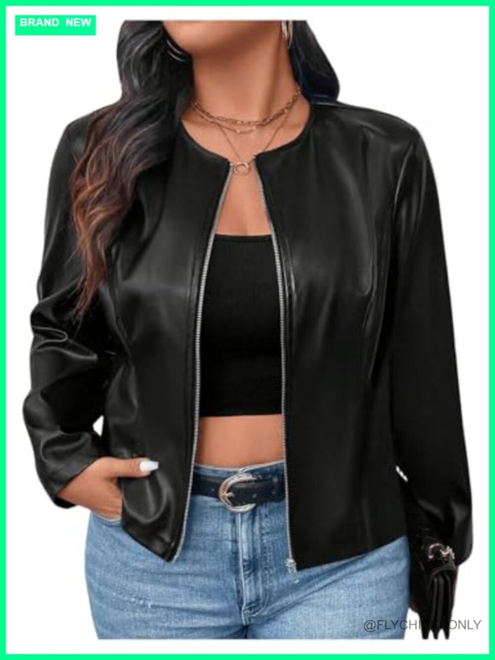 PU Leather Bomber Jacket Zip Up Long Sleeve Crew Neck Women Outerwear